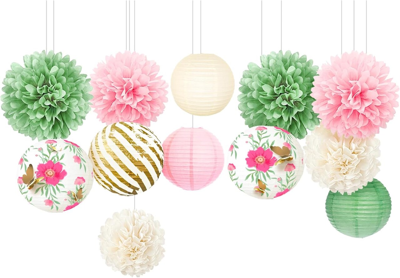 12 PCS Green Pink Blooms Paper Lanterns Tissue Pom Pom(Green Pink)